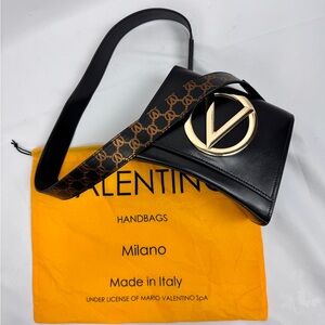 Mario Valentino Honey Forever Black Leather Bag Gold V Logo Italy